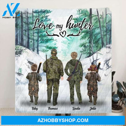 Custom Personalized Hunting Fleece Blanket/Quilt Blanket - Parents With Up To 2 Kids/ Couple/Single Parent/Solo Man/Woman - Best Gift For Hunting Lovers