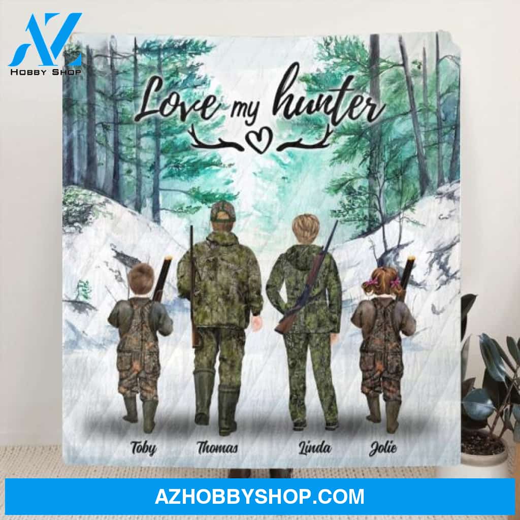 Custom Personalized Hunting Fleece Blanket/Quilt Blanket - Parents With Up To 2 Kids/ Couple/Single Parent/Solo Man/Woman - Best Gift For Hunting Lovers