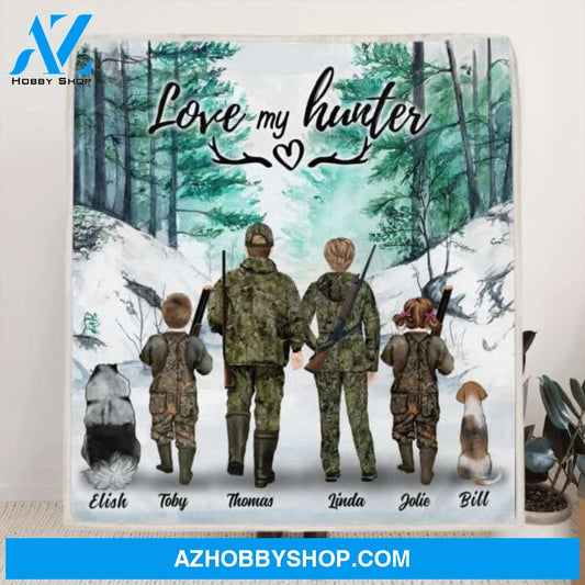 Custom Personalized Hunting With Pets Fleece Blanket/Quilt Blanket - Parents With Up To 2 Kids/ Couple/Single Parent/Solo Man/Woman and Pets - Best Gift For Hunting Lovers