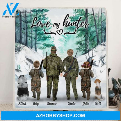 Custom Personalized Hunting With Pets Fleece Blanket/Quilt Blanket - Parents With Up To 2 Kids/ Couple/Single Parent/Solo Man/Woman and Pets - Best Gift For Hunting Lovers