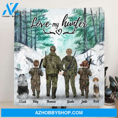 Custom Personalized Hunting With Pets Fleece Blanket/Quilt Blanket - Parents With Up To 2 Kids/ Couple/Single Parent/Solo Man/Woman and Pets - Best Gift For Hunting Lovers