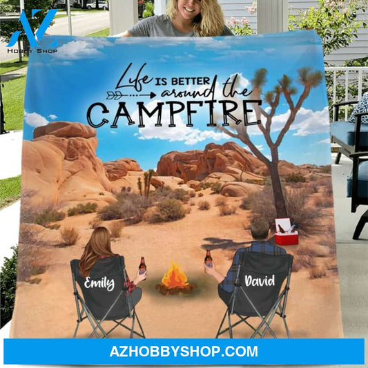 Custom Personalized Joshua Tree Camping Fleece/ Quilt Blanket - Adult/ Couple/ Parents With Upto 3 Kids And 3 Pets - Gift Idea For Family/ Camping Lover - Life Is Better Around The Campfire