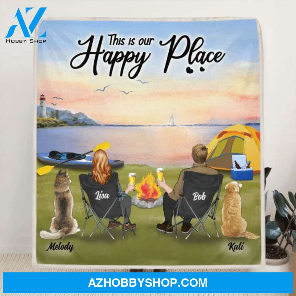 Custom Personalized Kayak Camping Quilt/Fleece Blanket - Couple With Upto 3 Dogs - This Is Our Happy Place