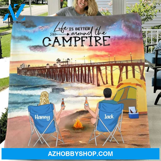 Custom Personalized Manhattan Beach Camping Fleece/ Quilt Blanket - Adult/ Couple/ Parents With Upto 2 Kids And 3 Pets - Gift Idea For Family/ Camping Lover - Life Is Better Around The Campfire