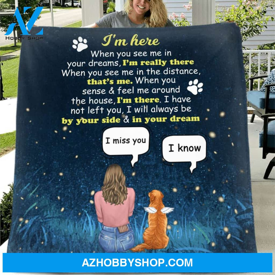 Custom Personalized Memorial Dog Mom Quilt/Fleece Blanket - Upto 4 Dogs - Gift Idea For Dog Lover - I'm Here