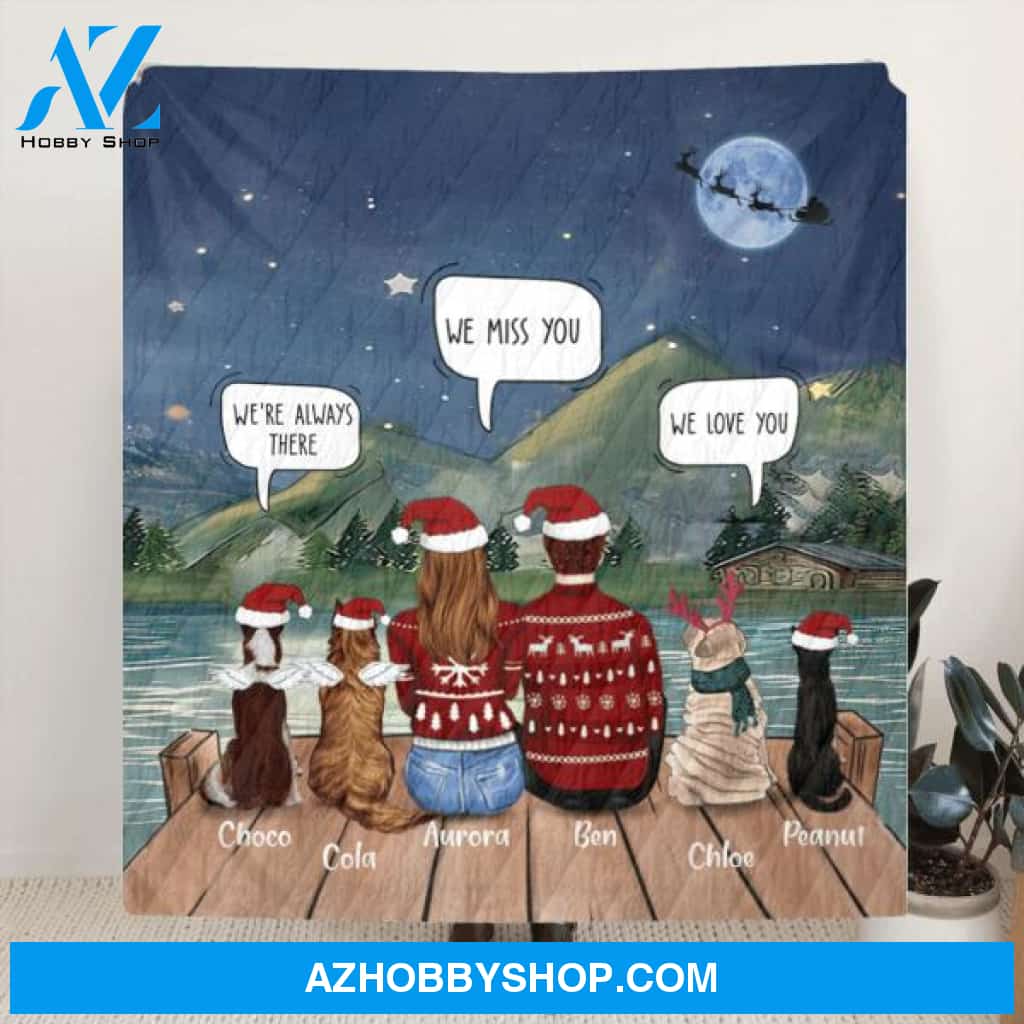 Custom Personalized Memorial Pet Fleece Blanket/Quilt Blanket - Family/Couple/Adult With 3 Kids and Upto 6 Pets - Best Christmas Gift For Cat/ Dog Lover