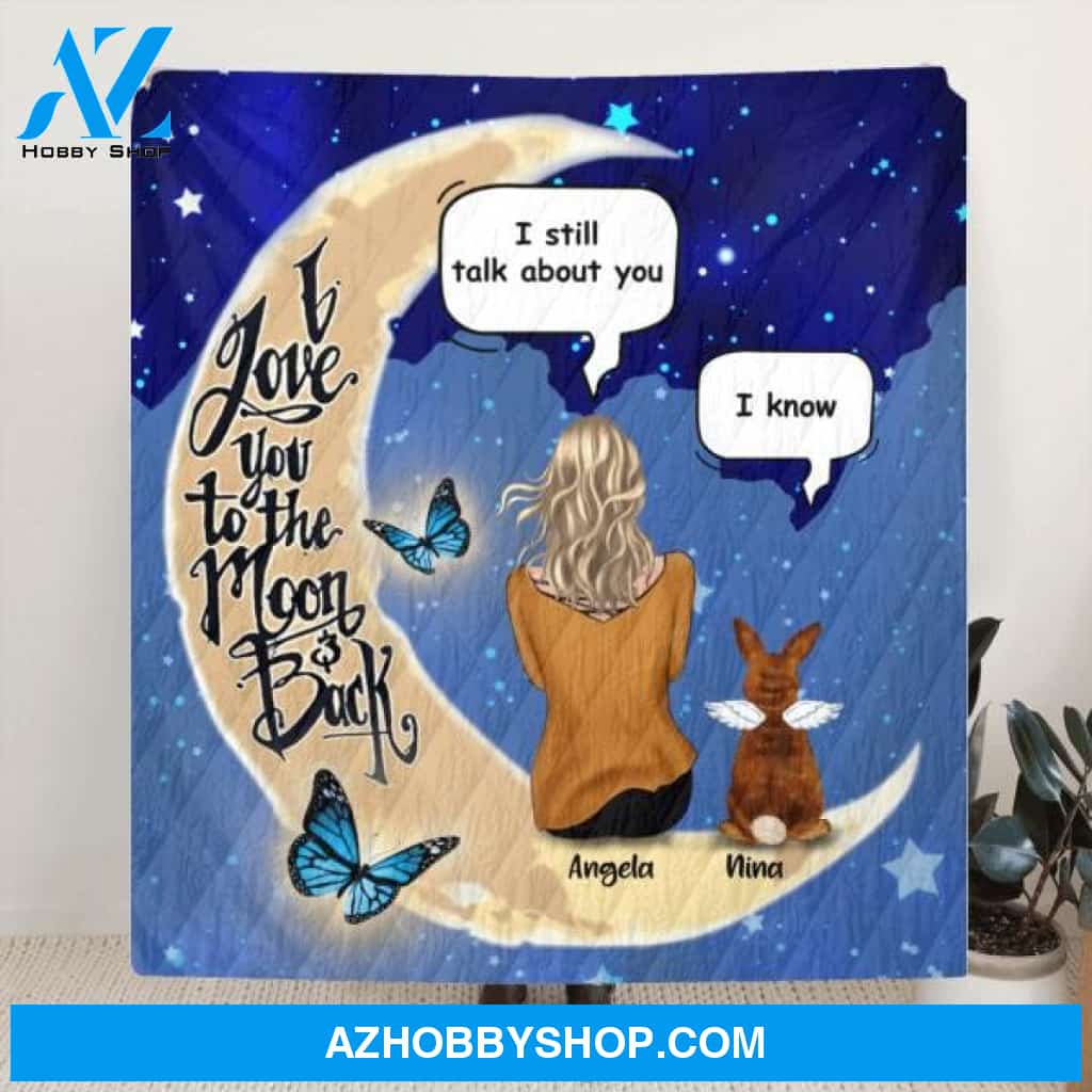 Custom Personalized Memorial Rabbit Quilt/Fleece Blanket - Upto 4 Rabbits - Memorial Gift For Rabbit Lovers - I Love You To The Moon & Back