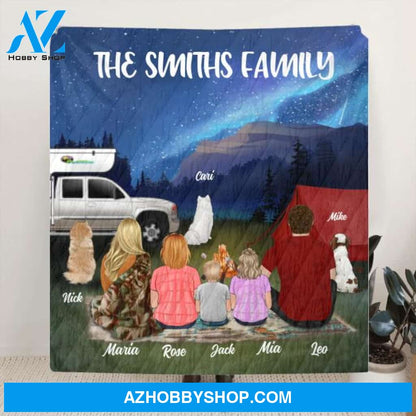 Custom Personalized Night Camping Fleece Blanket/Quilt Blanket - Best Gift For Camping Family/Couple - Upto 3 Kids and 3 Dogs - Family's Name - NIMLQ4