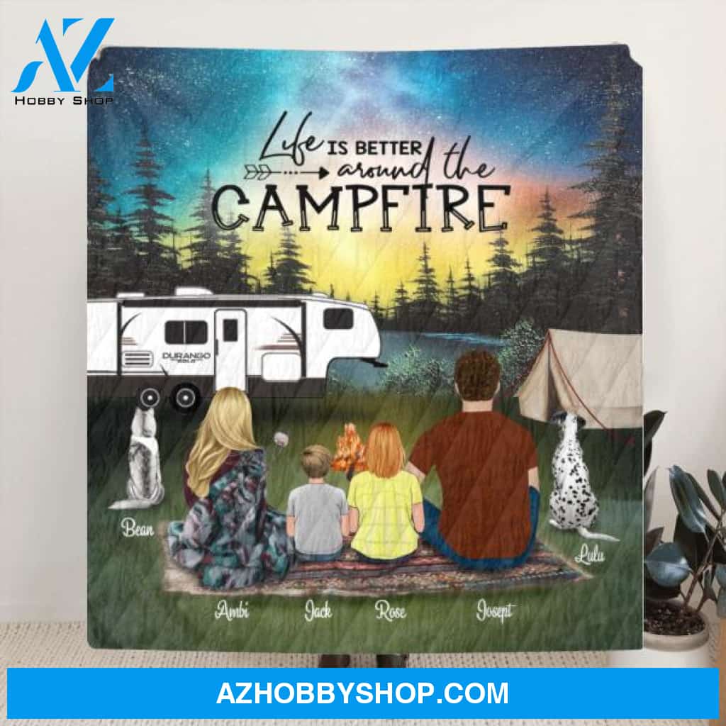 Custom Personalized Night Camping Fleece Blanket/Quilt Blanket - Camping Family/Couple Full Options Upto 3 Kids and 3 Dogs - Fill Your Life With Adventure - NIMLQ4