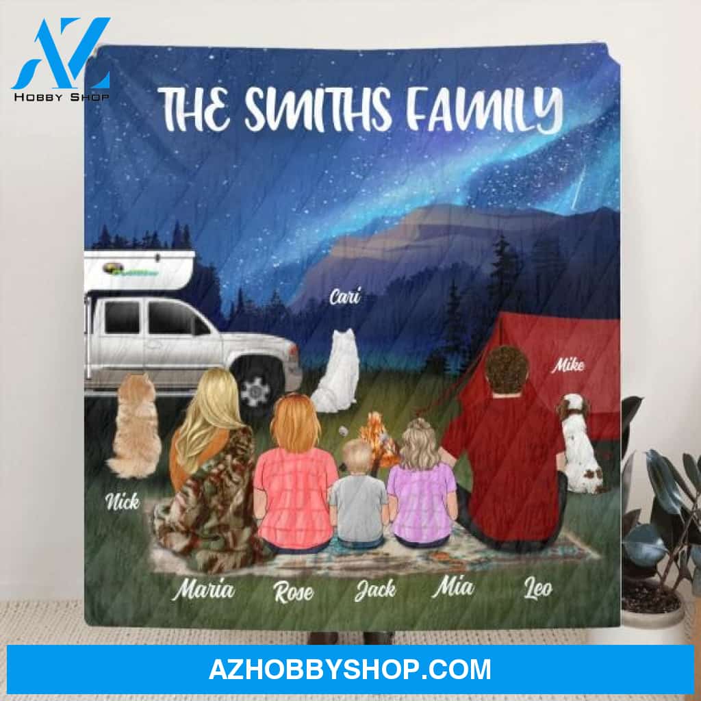 Custom Personalized Night Camping Fleece Blanket/Quilt Blanket - Best Gift For Camping Family/Couple - Upto 3 Kids and 3 Dogs - Family's Name - NIMLQ4