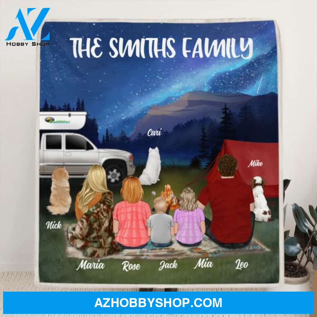 Custom Personalized Night Camping Fleece Blanket/Quilt Blanket - Best Gift For Camping Family/Couple - Upto 3 Kids and 3 Dogs - Family's Name - NIMLQ4
