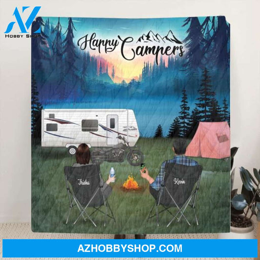 Custom Personalized Night Camping Blanket - Couple/Parents with up to 5 Kids and 2 Pets - Gift For Father's Day from Wife to Husband - Happy Campers