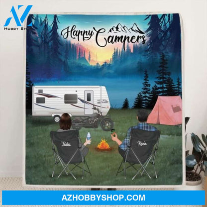 Custom Personalized Night Camping Blanket - Couple/Parents with up to 5 Kids and 2 Pets - Gift For Father's Day from Wife to Husband - Happy Campers