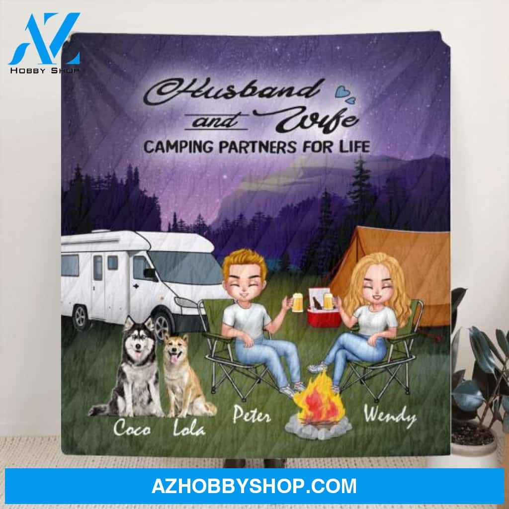 Custom Personalized Night Camping Chibi Quilt/ Fleece Blanket - Couple With Upto 3 Dogs - Gift Idea For Dog/ Camping Lover/ Couple - Husband And Wife Camping Partners For Life