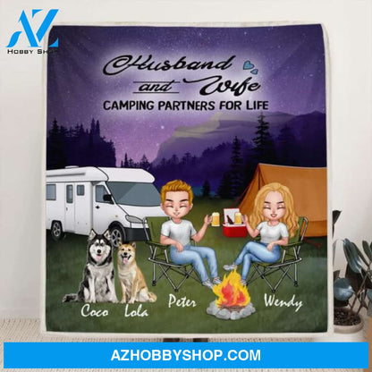 Custom Personalized Night Camping Chibi Quilt/ Fleece Blanket - Couple With Upto 3 Dogs - Gift Idea For Dog/ Camping Lover/ Couple - Husband And Wife Camping Partners For Life