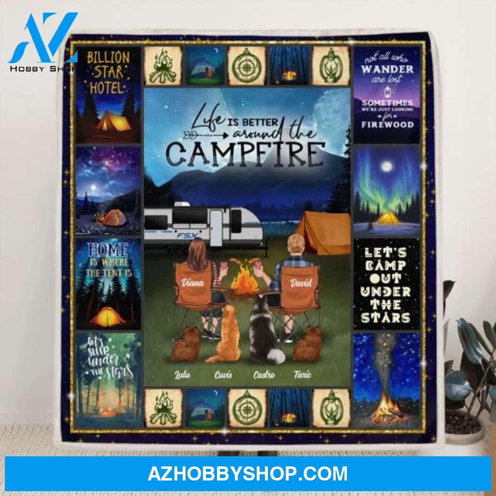 Custom Personalized Night Camping Husband & Wife Quilt/ Fleece Blanket - Couple With Upto 6 Pets - Gift For Camping Lover - Life Is Better Around The Camfire