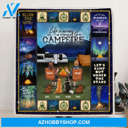 Custom Personalized Night Camping Husband & Wife Quilt/ Fleece Blanket - Couple With Upto 6 Pets - Gift For Camping Lover - Life Is Better Around The Camfire