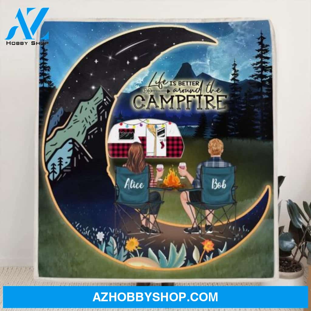 Custom Personalized Night Camping Moon Quilt/ Fleece Blanket - Man/ Woman/ Couple/ Parents With Upto 3 Kids And 5 Pets - Gift For Camping Lover - Life Is Better Around The Camfire