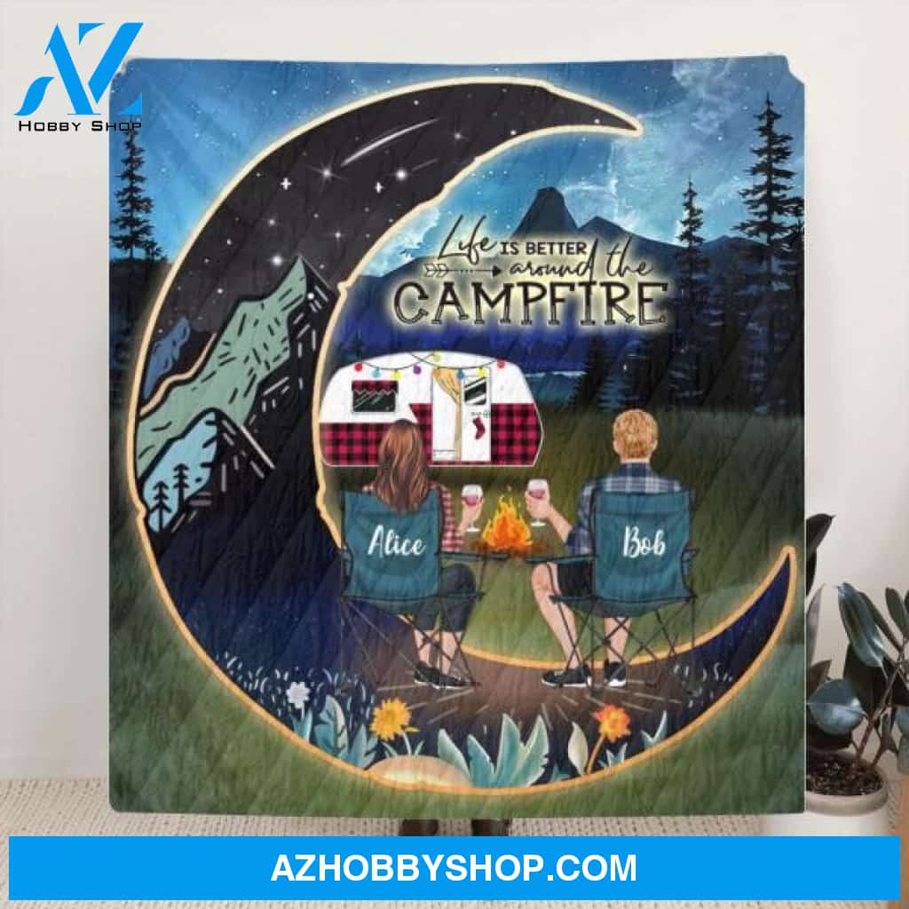 Custom Personalized Night Camping Moon Quilt/ Fleece Blanket - Man/ Woman/ Couple/ Parents With Upto 3 Kids And 5 Pets - Gift For Camping Lover - Life Is Better Around The Camfire