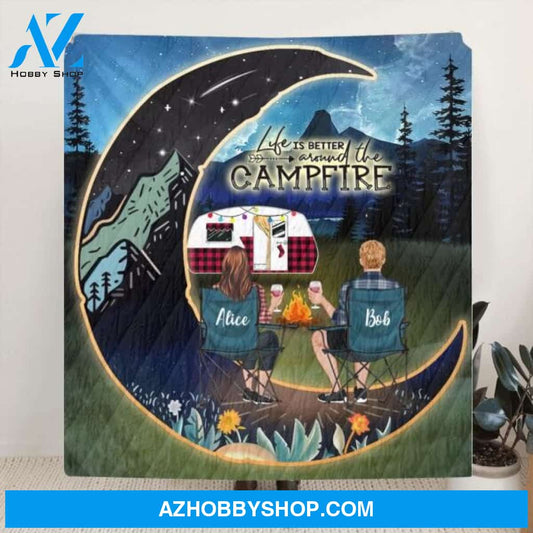 Custom Personalized Night Camping Moon Quilt/ Fleece Blanket - Man/ Woman/ Couple/ Parents With Upto 3 Kids And 5 Pets - Gift For Camping Lover - Life Is Better Around The Camfire
