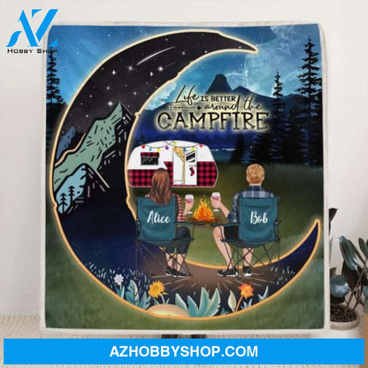 Custom Personalized Night Camping Moon Quilt/ Fleece Blanket - Man/ Woman/ Couple/ Parents With Upto 3 Kids And 5 Pets - Gift For Camping Lover - Life Is Better Around The Camfire