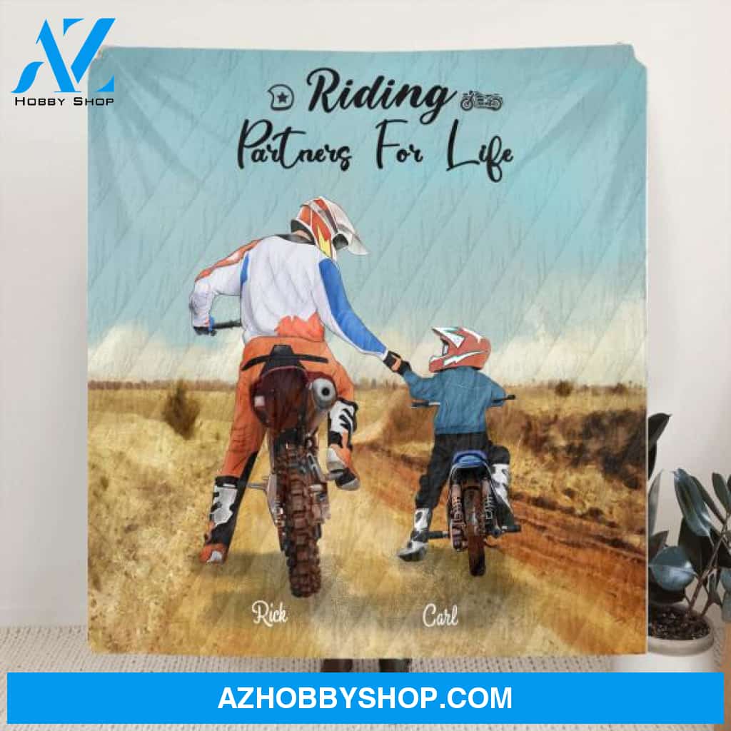 Custom Personalized Riding Blanket - Father and 1 Son, Upto 2 Sons - Best Gift for Biker Dad - Riding Partners For Life - IAKT4L