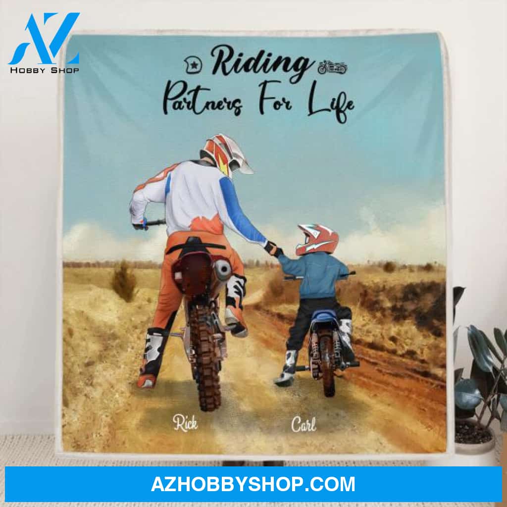 Custom Personalized Riding Blanket - Father and 1 Son, Upto 2 Sons - Best Gift for Biker Dad - Riding Partners For Life - IAKT4L