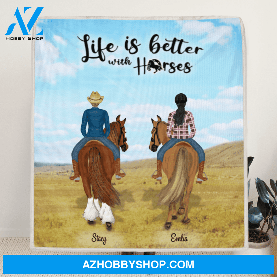 Custom Personalized Riding Horse Fleece Blanket - Same sex Couple Riding Horses - Life is better with horses - 5NE2CH