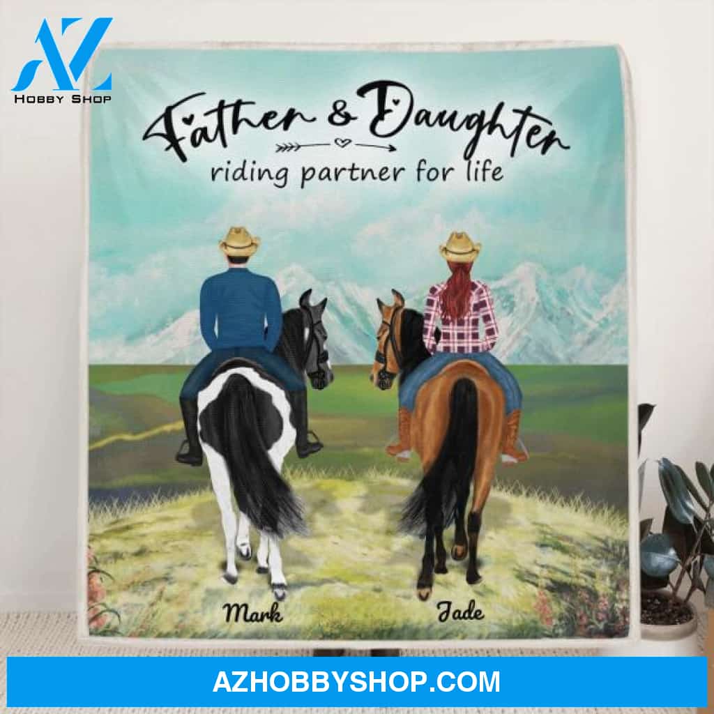 Custom Personalized Riding Horse Fleece Blanket - Best Gift To Dad From Daughter and Son - Father and Daughter/Son Blanket