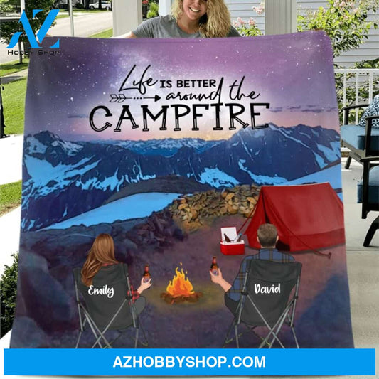 Custom Personalized Sahale Glacier Camping Fleece/ Quilt Blanket - Adult/ Couple/ Parents With Upto 3 Kids And 4 Pets - Gift Idea For Family/ Camping Lover - Life Is Better Around The Campfire