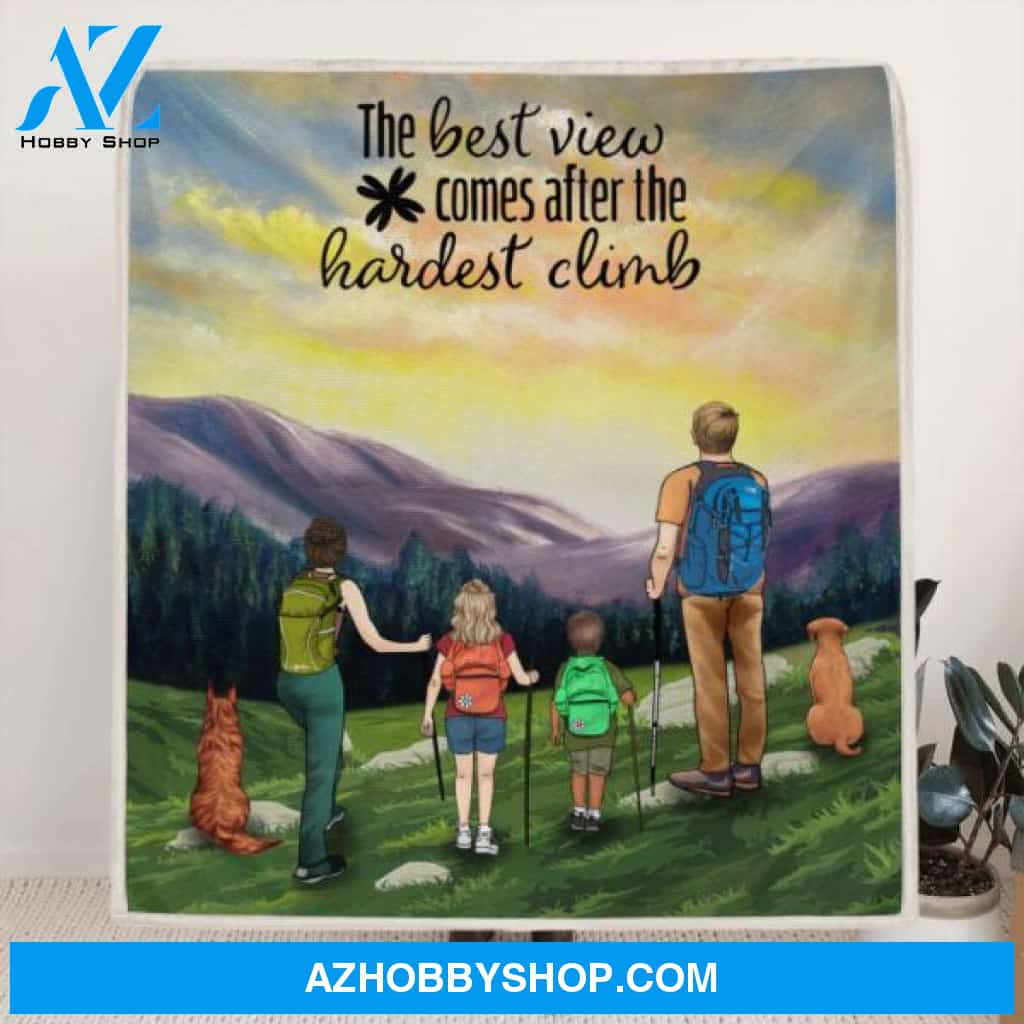Custom Personalized Sunrise Hiking Fleece Blanket/ Quilt Blanket - Full Option Up to 2 Kids and 3 Pets - Best Gift For Family/Couple/Friends - The Best View Comes After The Hardest Climb - BHN3H5