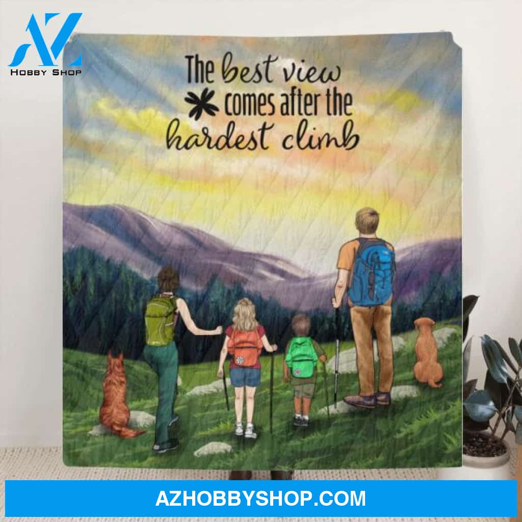 Custom Personalized Sunrise Hiking Fleece Blanket/ Quilt Blanket - Full Option Up to 2 Kids and 3 Pets - Best Gift For Family/Couple/Friends - The Best View Comes After The Hardest Climb - BHN3H5