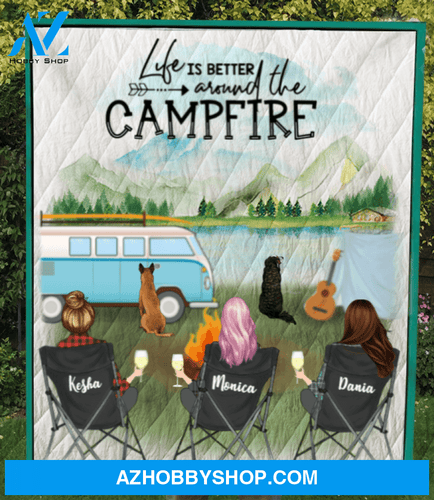 Custom Personalized Women and Pets, gift idea for friends, dog and cat lovers - 3 Women and 2 Pets - Best Camping Quilt Blanket