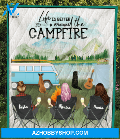 Custom Personalized Women and Pets, gift idea for friends, dog and cat lovers - 3 Women and 2 Pets - Best Camping Quilt Blanket