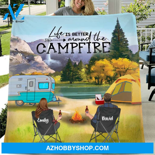 Custom Personalized Yosemite Camping Fleece/ Quilt Blanket - Adult/ Couple/ Parents With Upto 3 Kids And 3 Pets - Gift Idea For Family/ Camping Lover - Life Is Better Around The Campfire