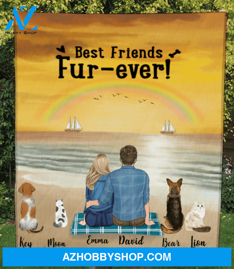 Custom Pet Blanket, Gift idea for the whole family, cat dog lovers - 4 Pets & Couple rainbow on the beach quilt - Best friends Fur-ever