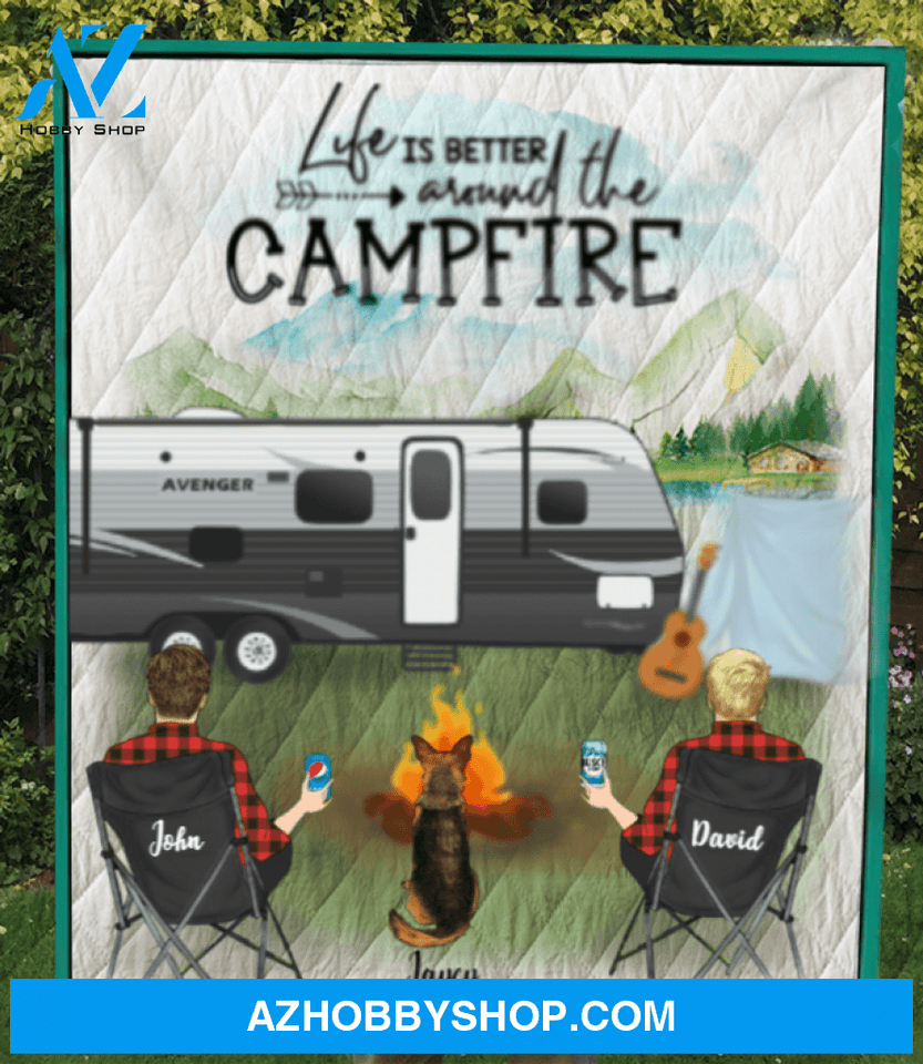 Custom Pet Blanket Gifts For Same Sex Couples - Personalized Camping Quilt Blanket - Man - Man & 1 Pet