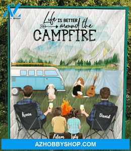 Custom Pet Blanket Gifts For Same sex Couples - Personalized Camping Blanket - Man - Man & 2 Kids, 2 Dogs - Camping partners for life