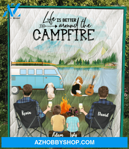 Custom Pet Blanket Gifts For Same sex Couples - Personalized Camping Blanket - Man - Man & 2 Kids, 2 Dogs - Camping partners for life