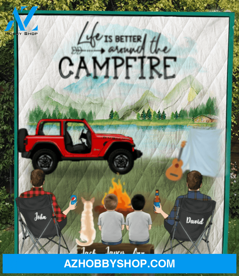 Custom Pet Blanket Gifts For Same Sex Couples - Personalized Camping Quilt Blanket - Man & Man With 2 Kids, 1 Pet