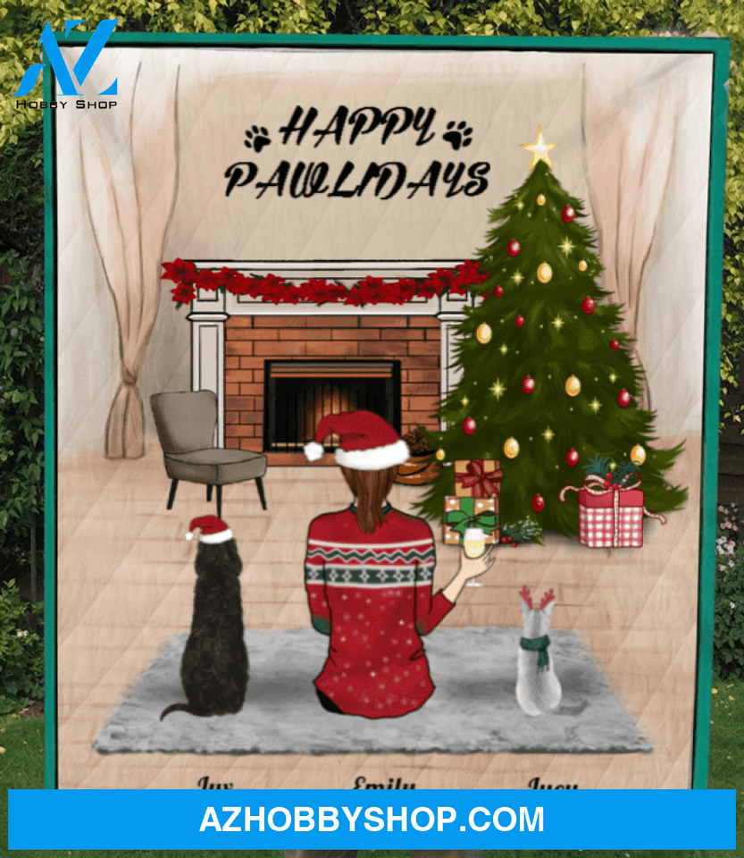 Custom Pet Blanket - Personalized Pet Blanket Christmas Gifts For Dog and Cat Lovers - Pet Mom & 2 Pets Happy Pawlidays