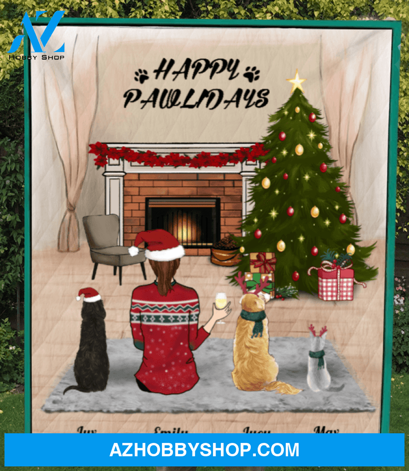 Custom Pet Blanket - Personalized Pet Blanket Christmas Gifts For Dog and Cat Lovers - Pet Mom & 3 Pets Happy Pawlidays