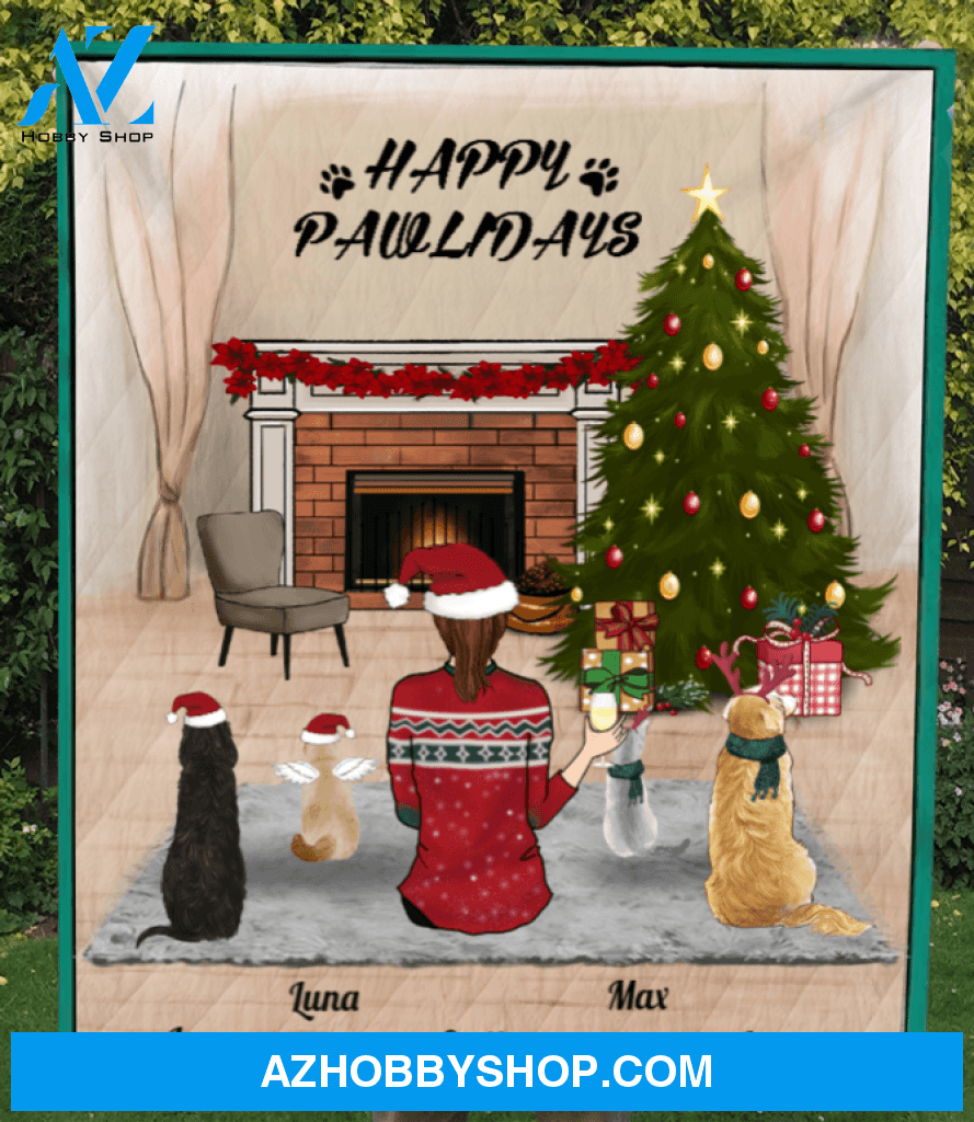 Custom Pet Blanket - Personalized Pet Blanket Christmas Gifts For Dog and Cat Lovers - Pet Mom & 4 Pets Happy Pawlidays