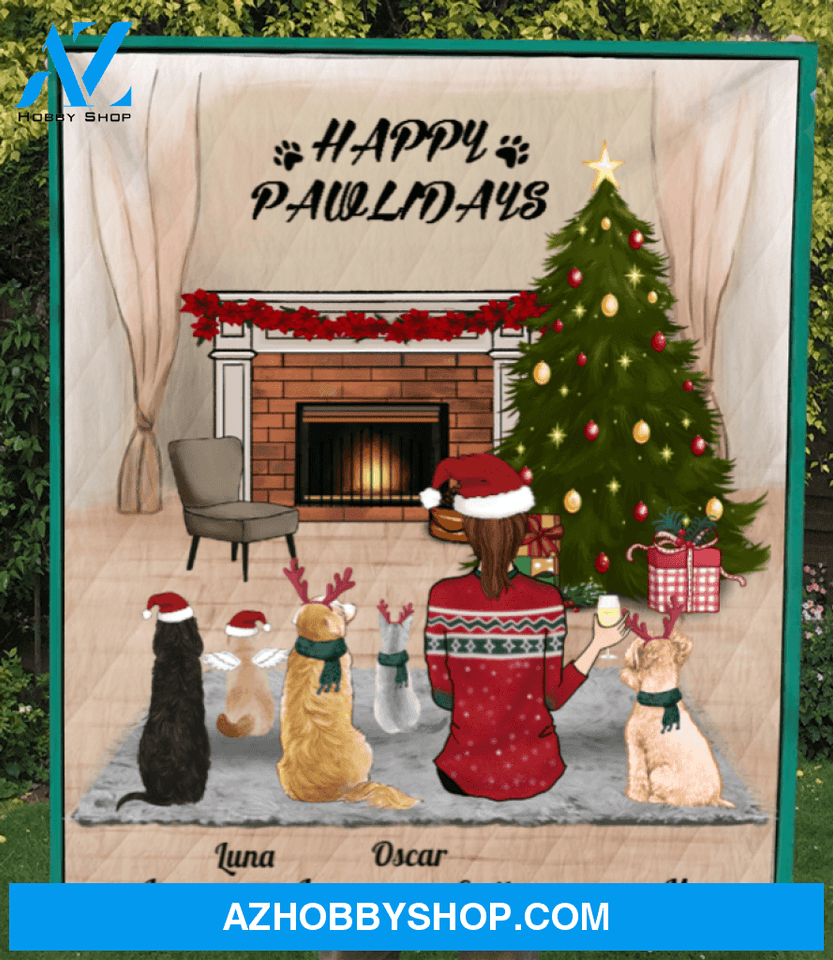 Custom Pet Blanket - Personalized Pet Blanket Christmas Gifts For Dog and Cat Lovers - Pet Mom & 5 Pets Happy Pawlidays