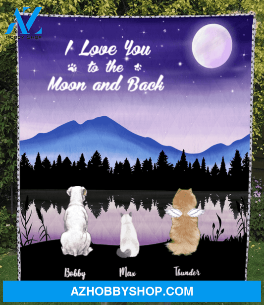 Custom Pet Blanket - Personalized Pet Quilt Blanket Gifts For Dog and Cat Lovers - 3 Pets, I love you to the moon and back