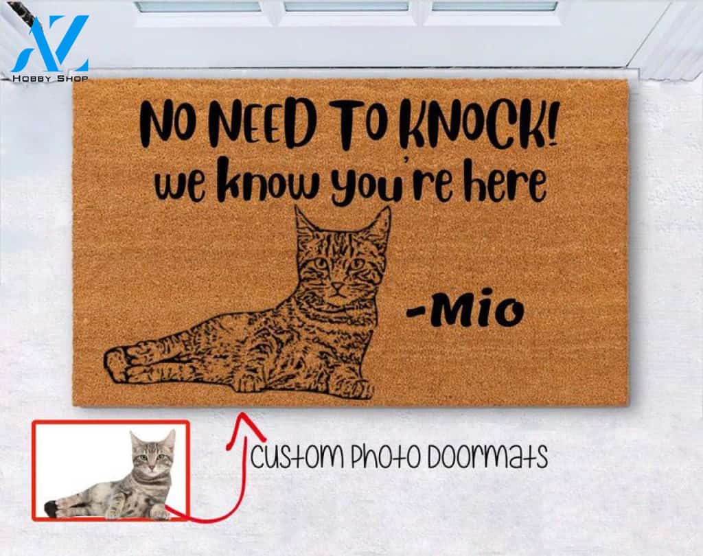Custom Pet Photo Doormat, No Need To Knock We Know You're Here, Closing Gift, Welcome Doormat, Front Doormat, Monogram Rug, Cat, Cat Photo