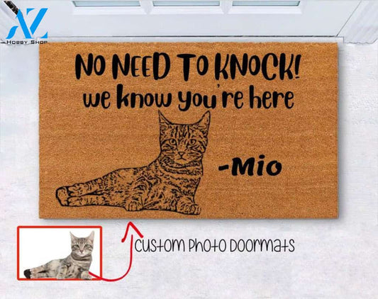 Custom Pet Photo Doormat, No Need To Knock We Know You're Here, Closing Gift, Welcome Doormat, Front Doormat, Monogram Rug, Cat, Cat Photo