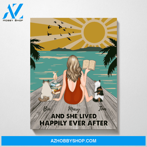 Custom Reading Girl On Beach and Cats Personalized Premium Canvas Gift for Book Worms Cats Lovers