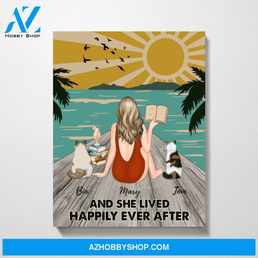 Custom Reading Girl On Beach and Cats Personalized Premium Canvas Gift for Book Worms Cats Lovers