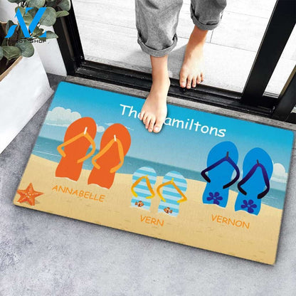 Custom Sunshine Beach Flip Flops Family Name Doormat Personalized Doormat, Housewarming Gift
